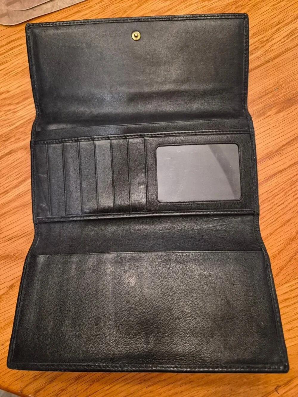 Coach Black Leather Embossed Accordion Tri-Fold Wallet With Gold Snap Closure